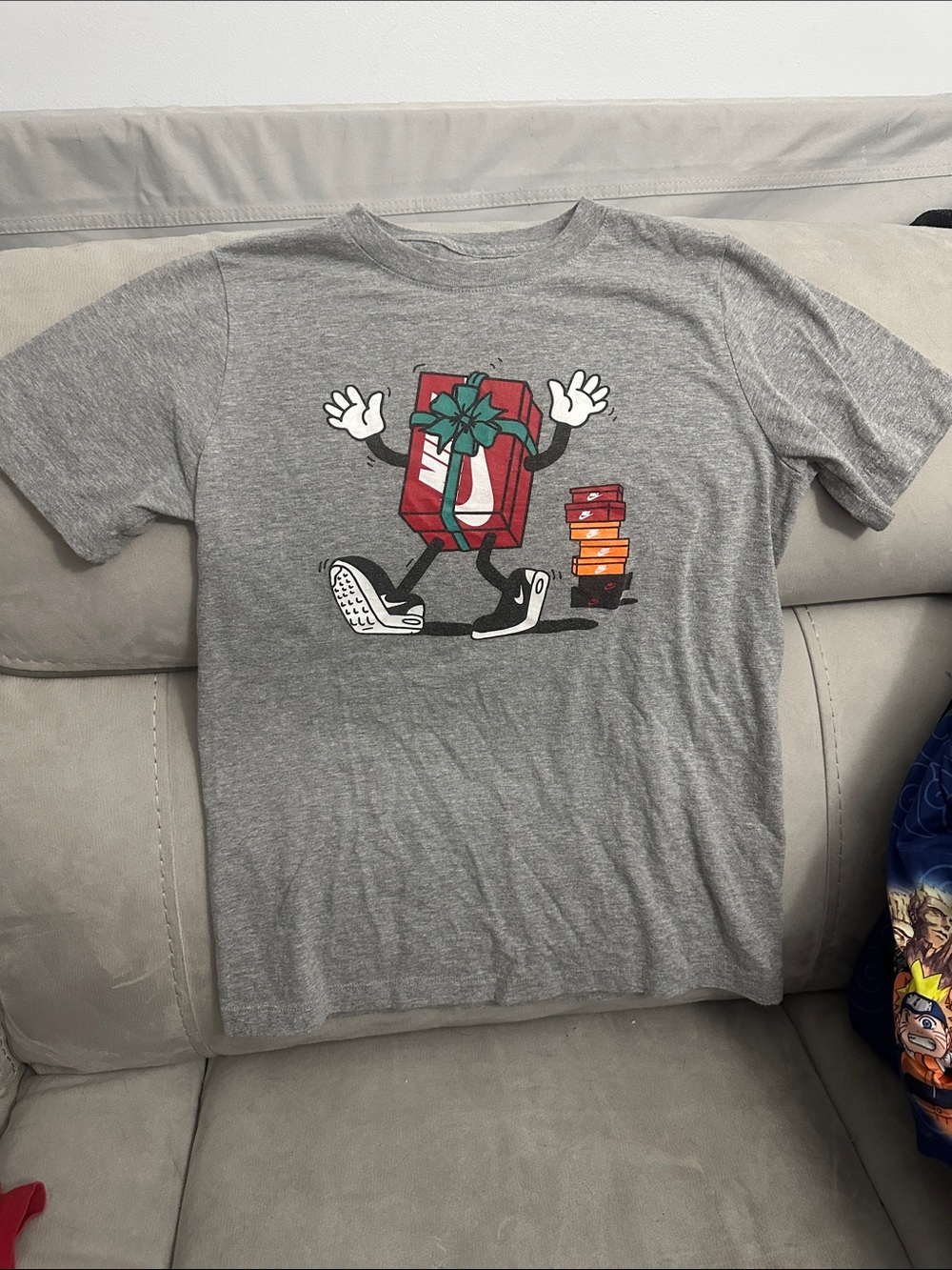 Nike Gray Graphic Tee with Red Gift Box Cartoon